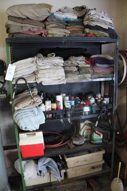 Metal Shelf W/ Car Towels & Assorted Spray Paints