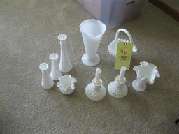 Hobnail milk glass, basket,