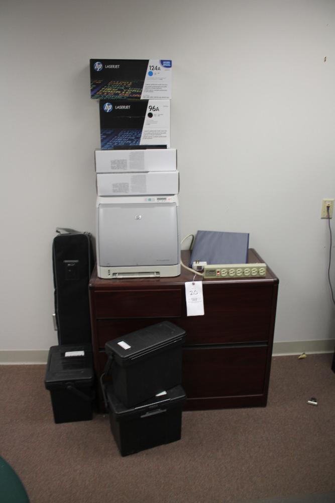 Side Table, HP Laser Jet Printer W/ Asst. Print Cartridges, Corner Desk & Office Chair