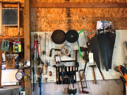 Saws, Bolt Cutters, Assorted Tools On Peg Board