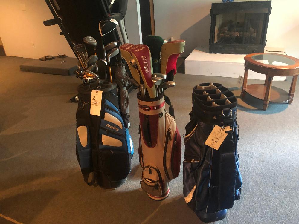 3 Golf Bags, 2 with clubs