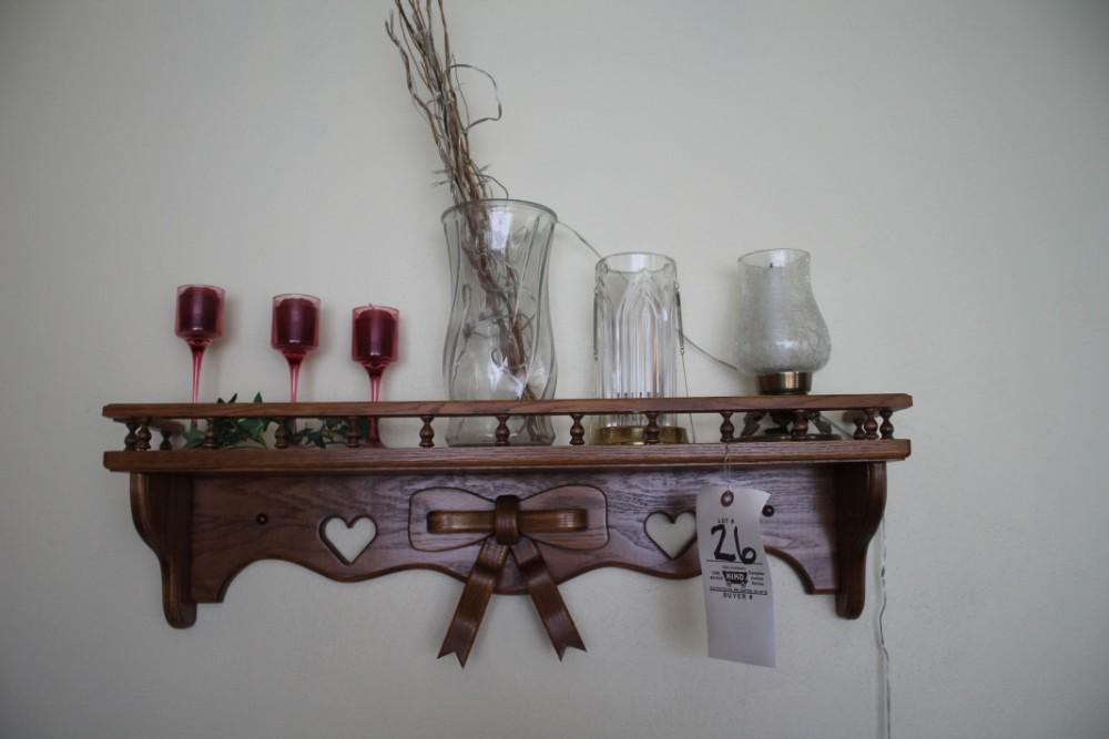 Oak Shelf w/ Wood Bow, Candles, Vase, Glassware