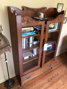 Oak Applied Carved Bookcase With Drawer & Key, 63"