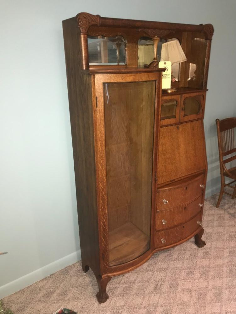 Oak Drop-Front Secretary Side-By-Side With Curved-Glass Curio