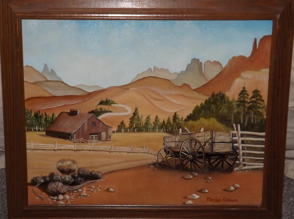 Marilyn Gilmore Oil/canvas Barn & Wagon Scene, 20 X 16, Frame Size Is 24 X 20.