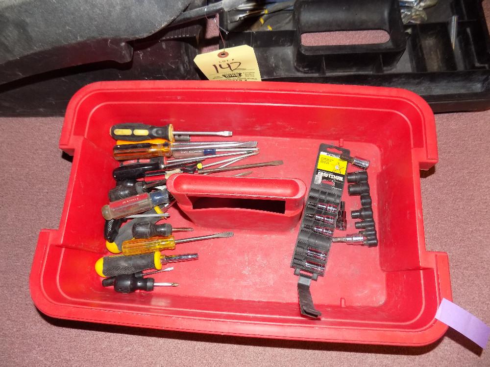 Tool box, cresent wrenches, drivers, channel locks and pliers