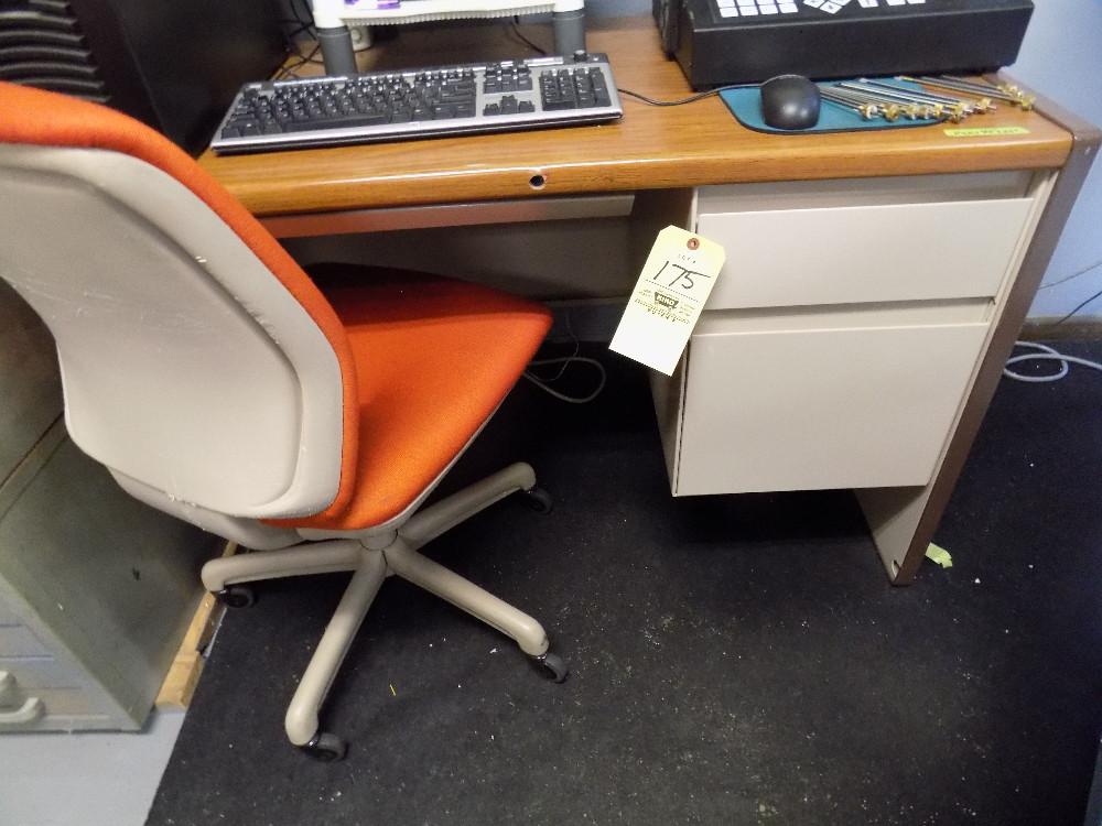 Wood desk 5ft x 20", metal desk 45" x 25" and chair (contents not included)