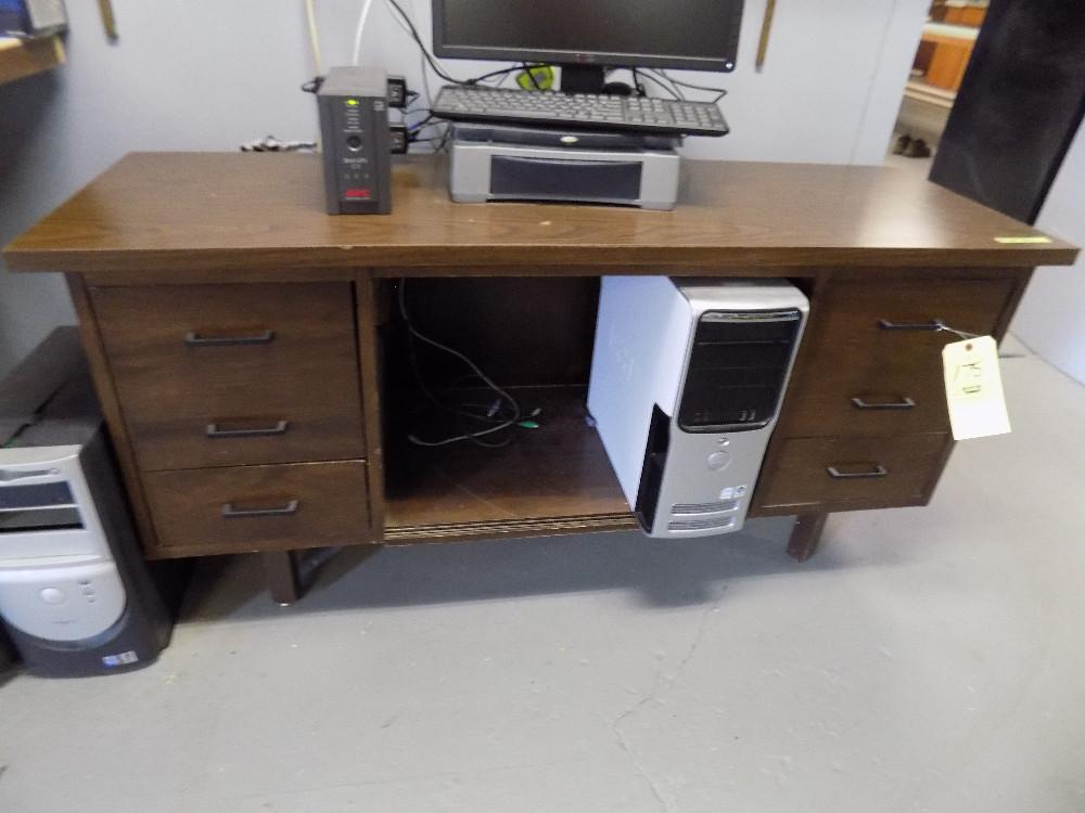 Wood desk 5ft x 20", metal desk 45" x 25" and chair (contents not included)