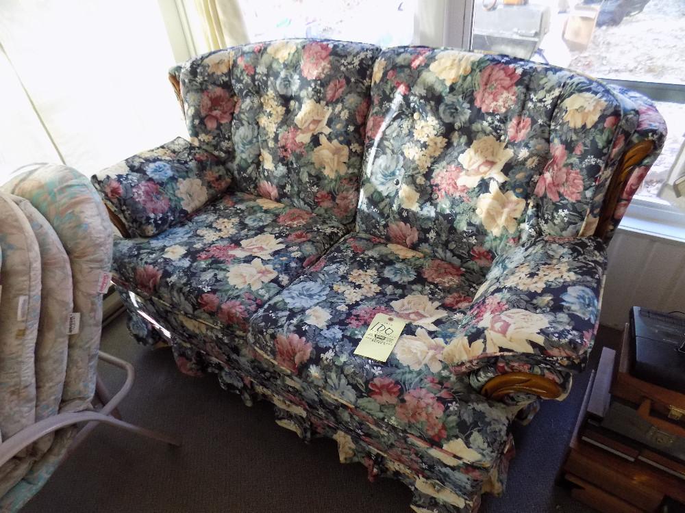 Two Cushion Floral Sleeper Sofa with Wood Trim