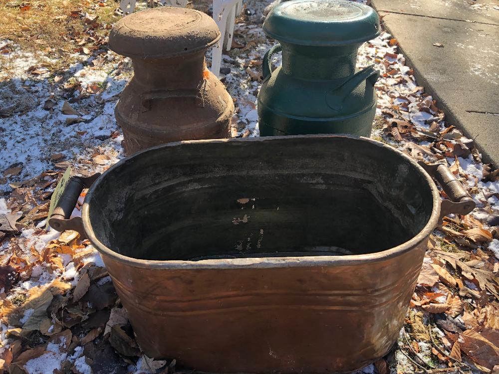 Copper Boiler, (2) Milk Cans