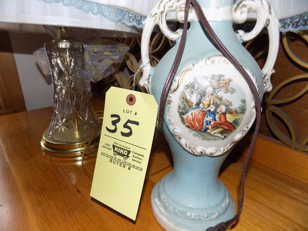 Ceramic French Scene Lamp, Press Glass Lamp