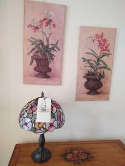 Leaded Glass Lamp & 2 Barbara Mock Floral Pictures