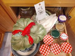 Assorted Kitchen Towels, Jars, Servingware