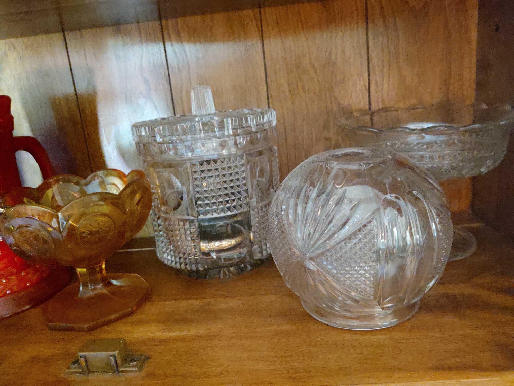 Assorted Glassware Incl. Fenton Mugs, Art Glass, Decanter, Rolling Pin, Fenton Harvest Plate