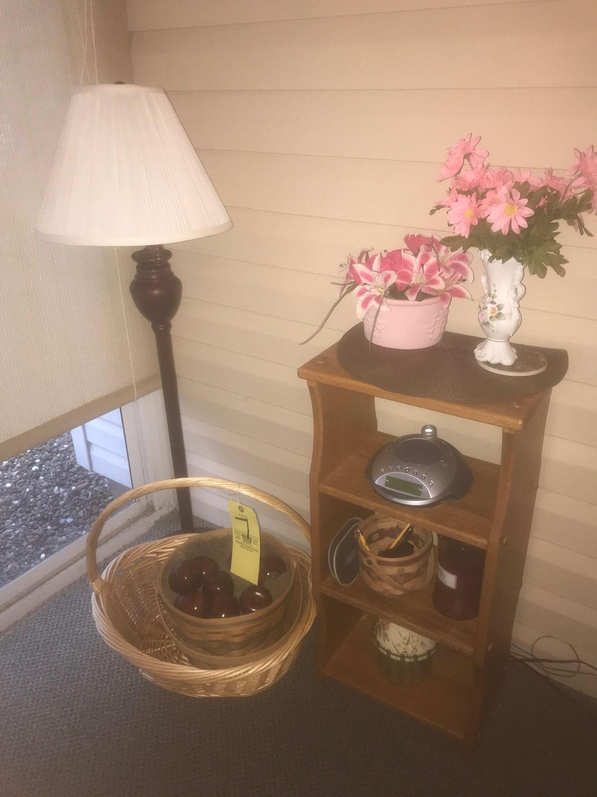 Oak shelf, baskets, lamp, decor