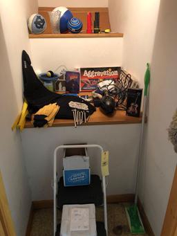 Stepladder, Elvis guitar, collectibles and balls