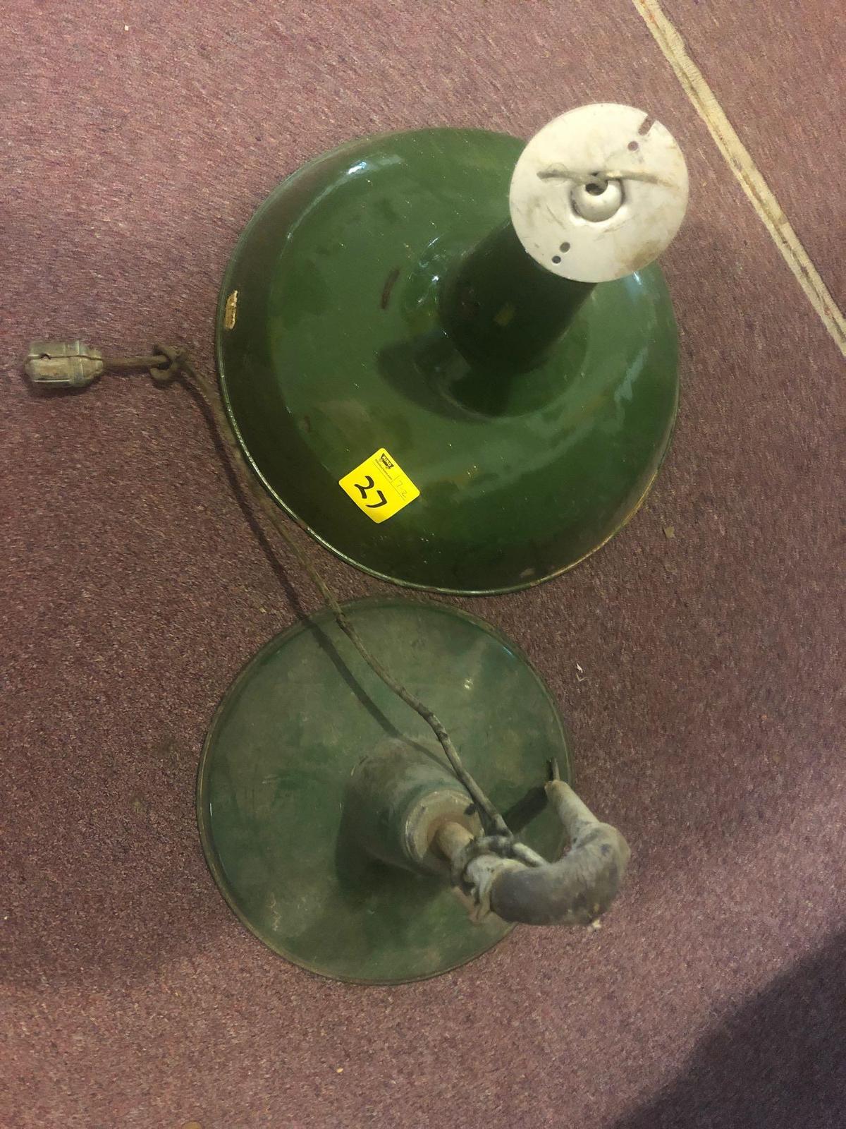 Two industrial green enamel light fixtures