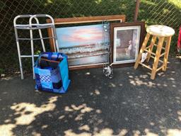 Stool, picture frames, pictures and walker
