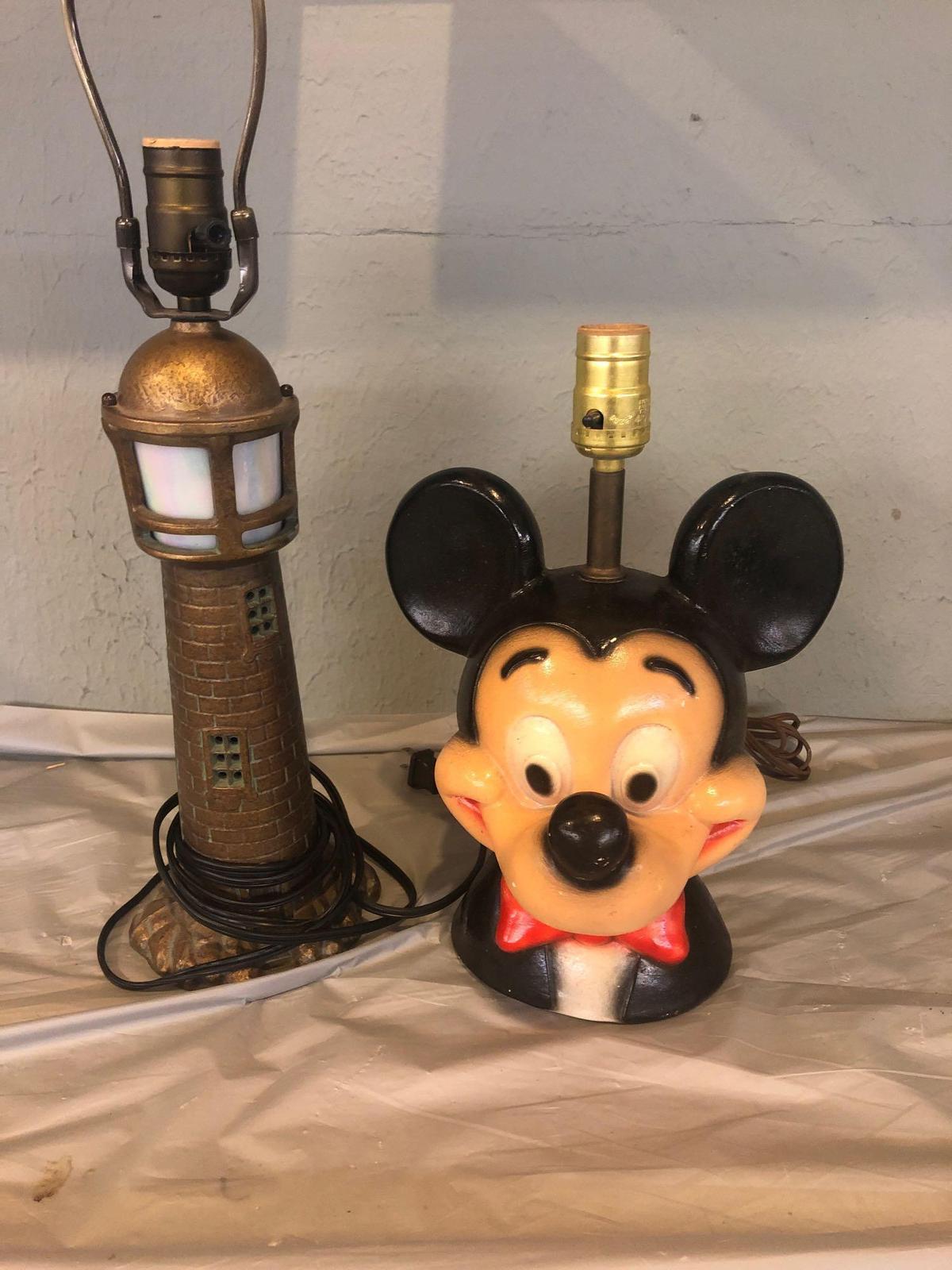 Vintage Mickey Mouse lamp and metal lighthouse lamp