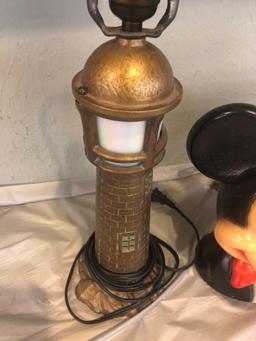 Vintage Mickey Mouse lamp and metal lighthouse lamp