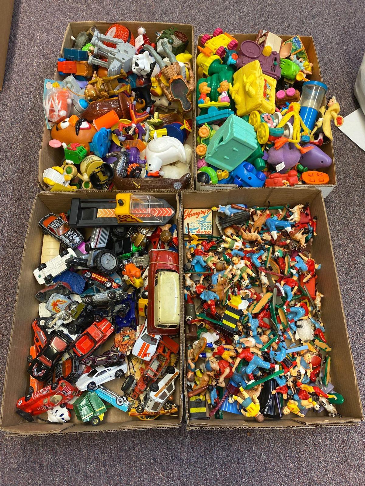 4 flats toys, Hot Wheels (few red lines), plastic vintage figurines, vintage Happy Meal toys