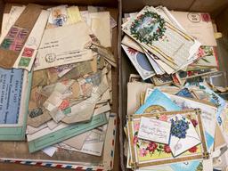 6 flats vintage paperwork, stamps, cards, postcards and books