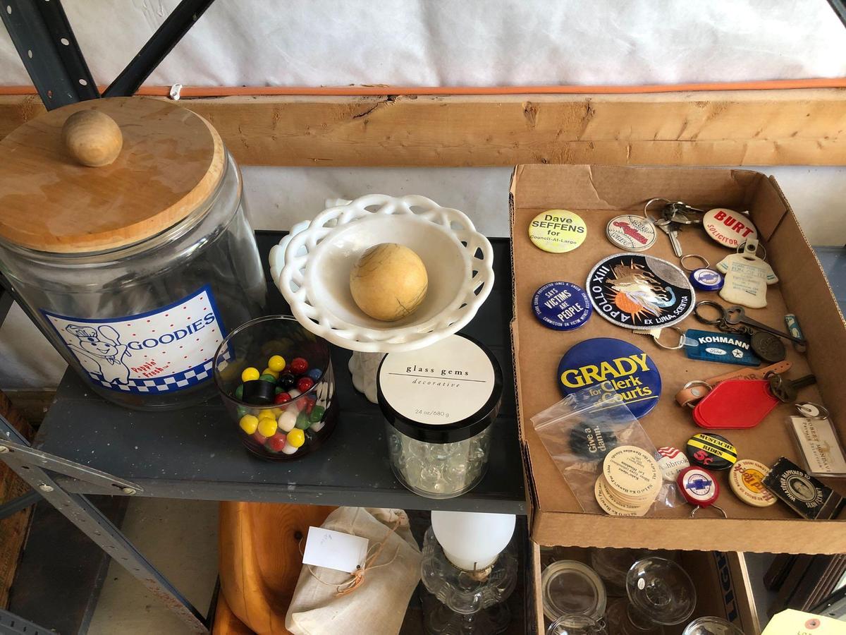 Political buttons, marbles, glass cookie jar, milk glass.