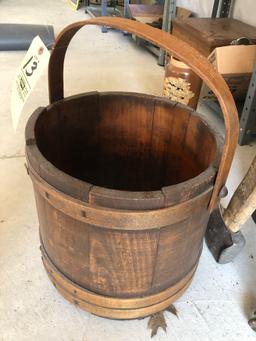 Wood sugar bucket, some damage. Claw & ball piano stool, Nail keg, advertising boxes.