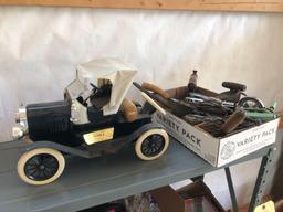 5 foot metal shelf & contents. Early kitchen utensils, Beam bottle car, ice skates, advertising tins