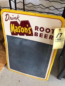 Mason's Root Beer tin chalkboard, wine racks, stepladder.