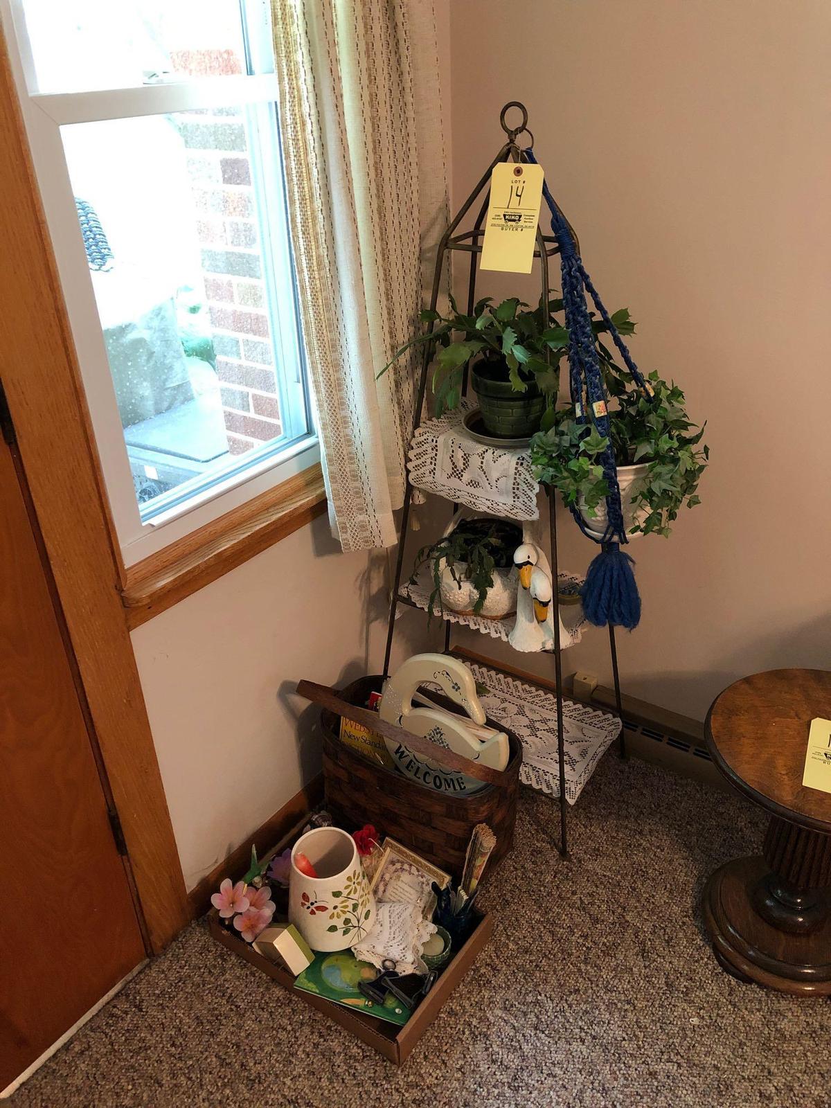 Plant stand, basket, books, decor