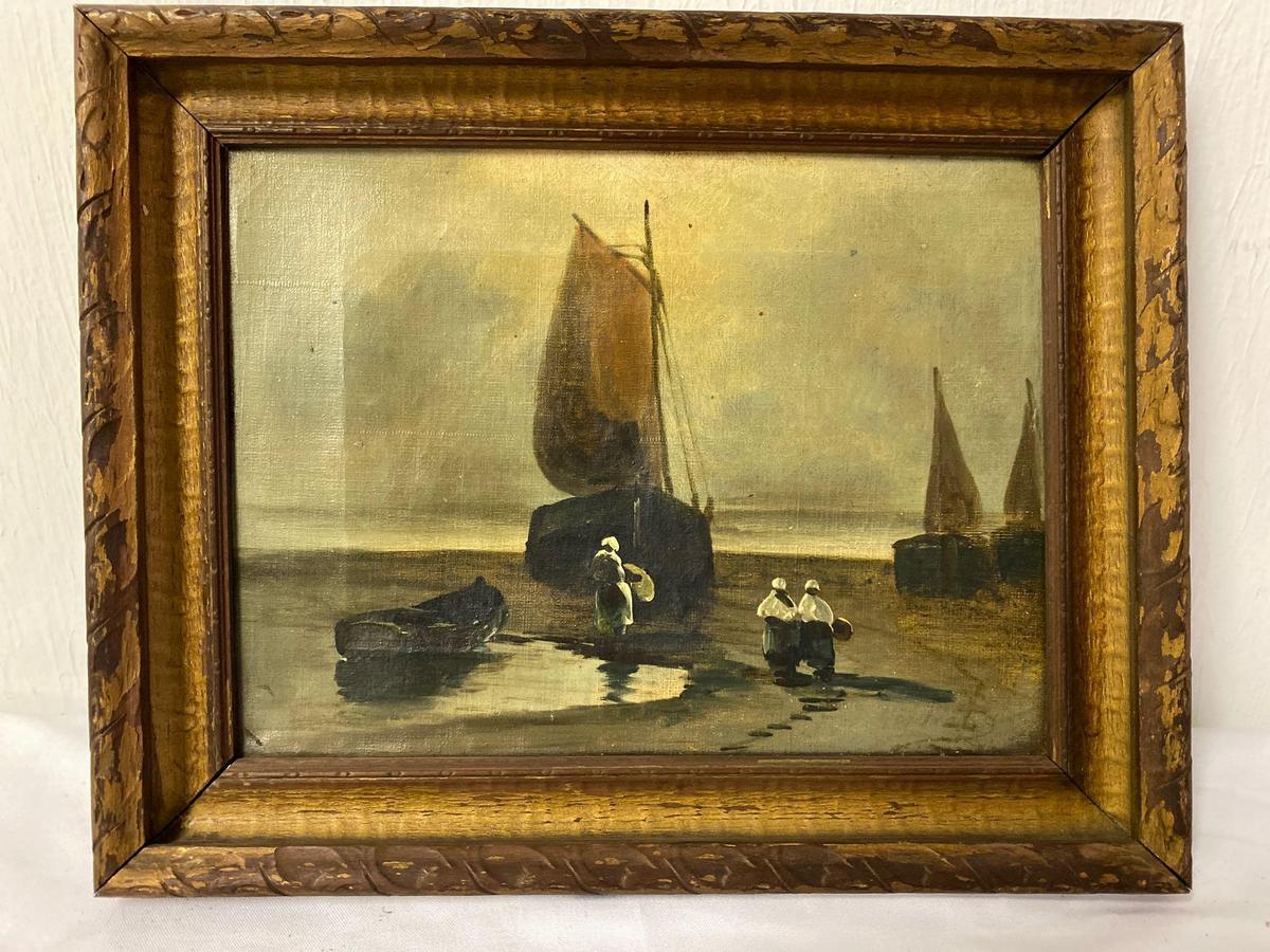 Unsigned oil on canvas, sailboats scene, 12 x 9 canvas size.