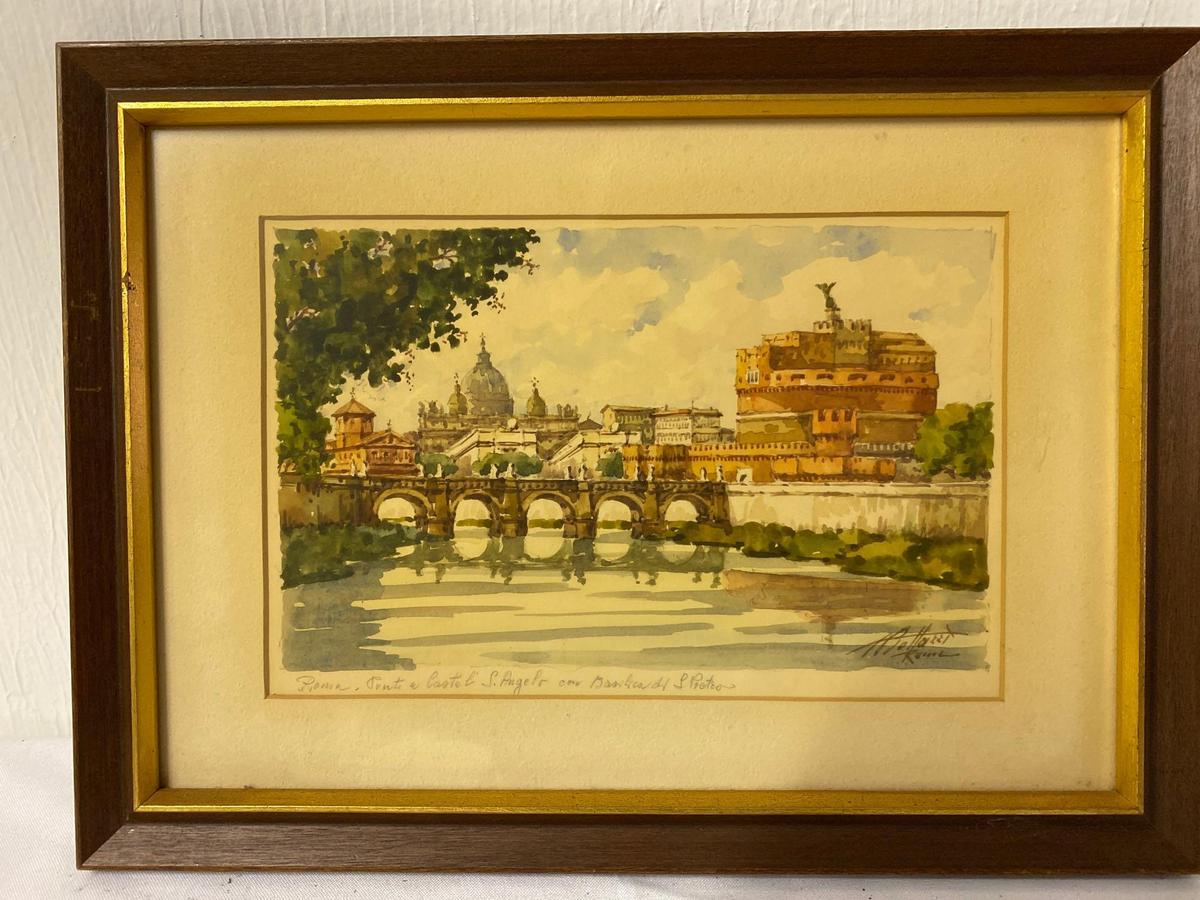 Signed watercolor of Rome Basilica, 15.25 x 11.25 frame size.