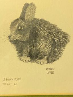 Edward Lupper pencil drawing, "A Funny Bunny" 1965, 15 x 17 frame size.