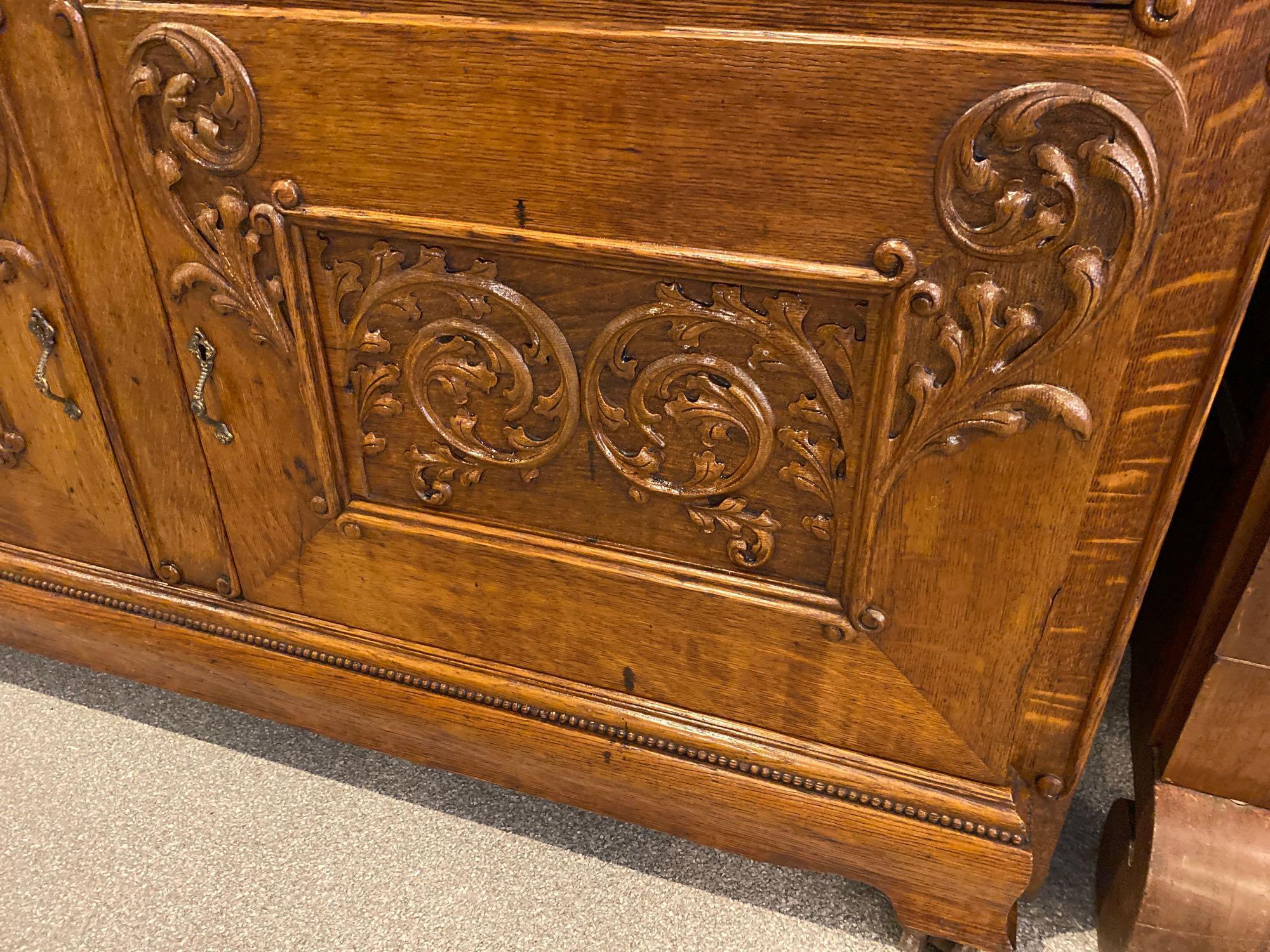 Fancy Oak Buffet with Mirror and Applied Carvings