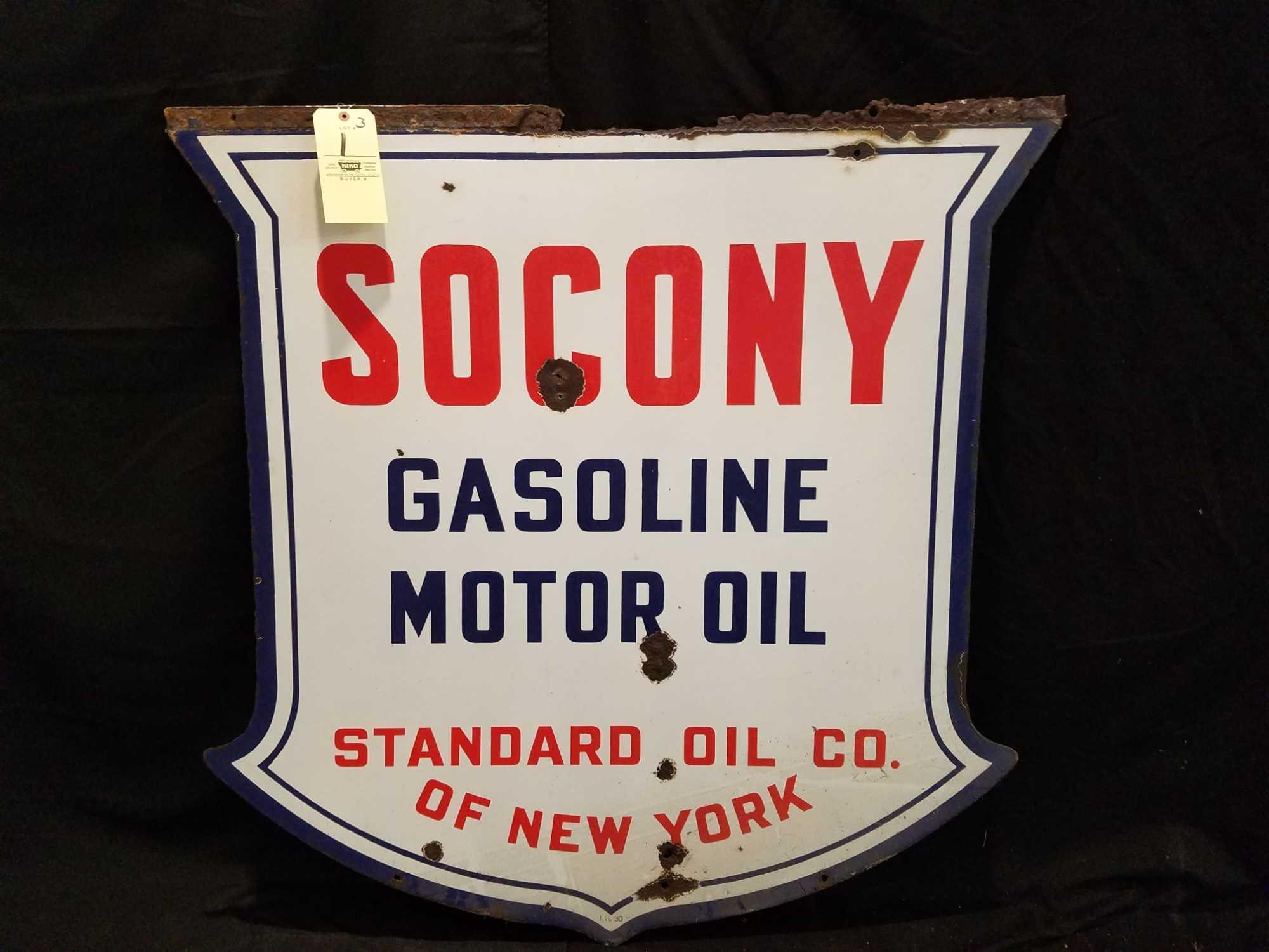 Socony Gasoline Motor Oil, Standard Oil Co. double sided porc. sign, 48 x 48 inches