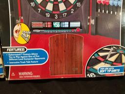 Pair of Halex millenia 5.0 electronic dartboard in wood cabinet