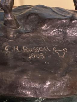 C. M. Russell 1903 marked "Will Rogers" metal statue on marble base