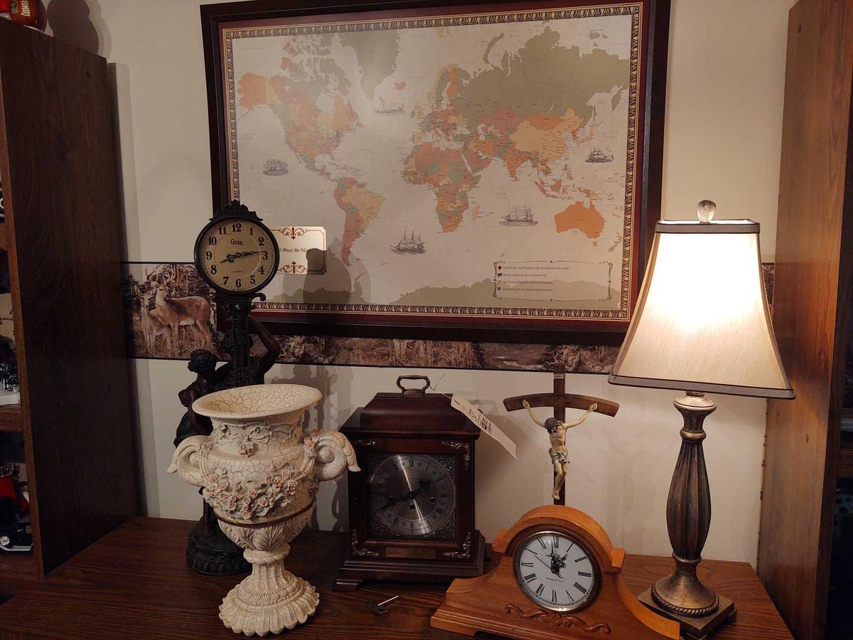 Seth Thomas Mantle Clock, Goodyear Anniversary Clock, Cross Clock, Urn, Lamp