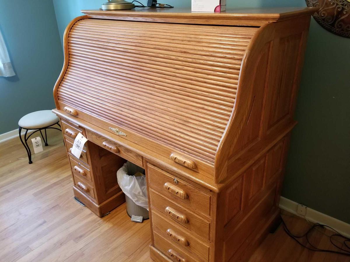 Oak roll-top desk, lamp