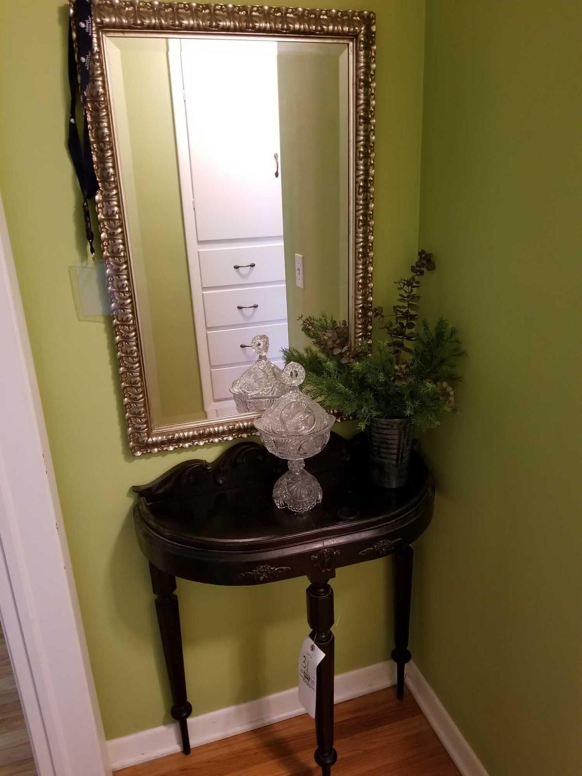 Hallway table, mirror, glass compote