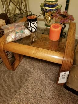 Pair of oak glass tables and lamp, decor