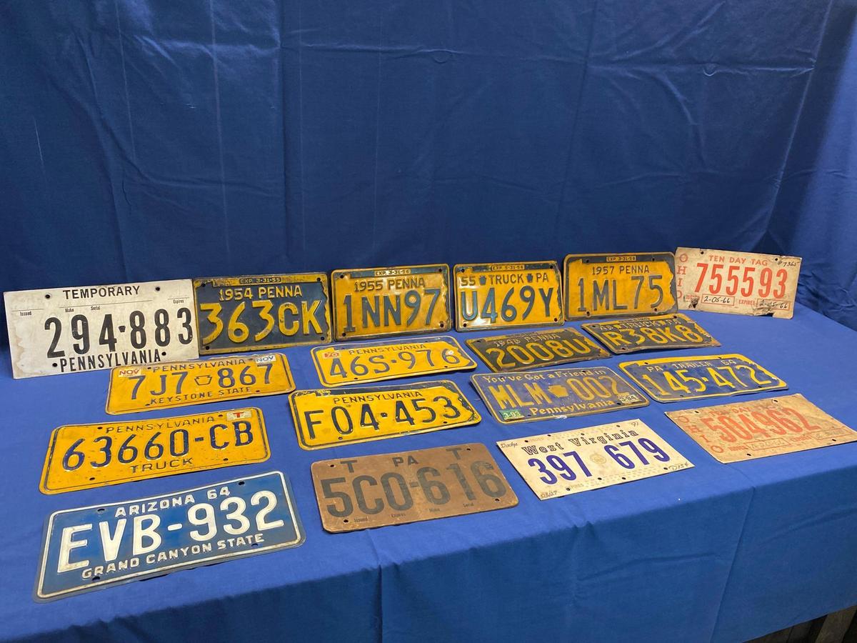 Assorted 1950s & '60s license plates and temporary paper tags