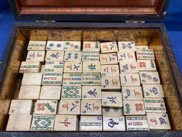 Early Mahjong game in wood box, bone and bamboo