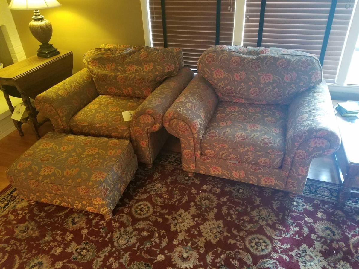 Pair of J Raymond floral upholstered chairs with one ottoman