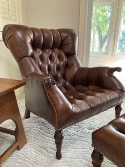 Stickley Leather Tuffed Chair and Ottoman Gustav Reproduction