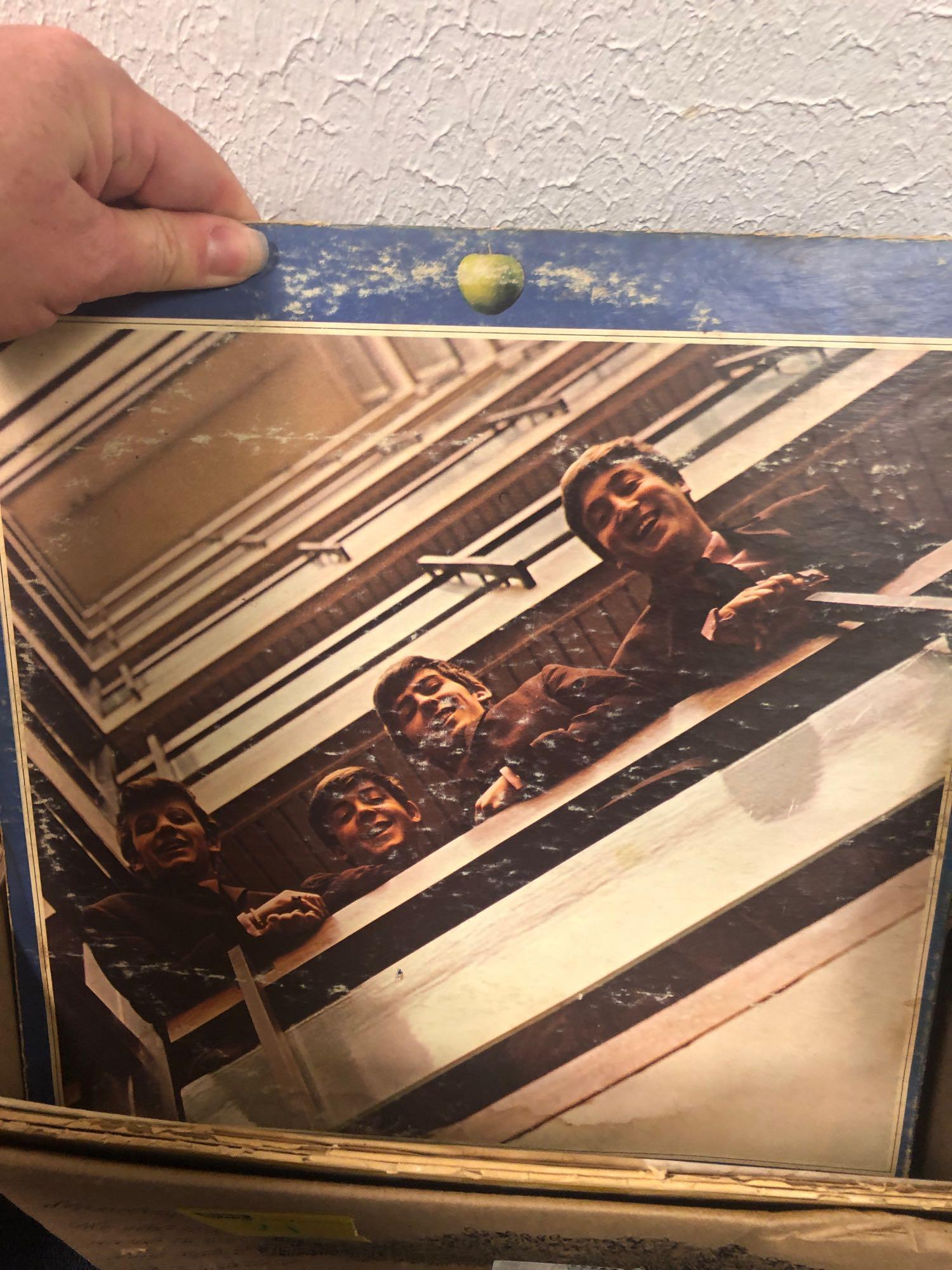 Box of record albums and box of vintage magazines and paper items