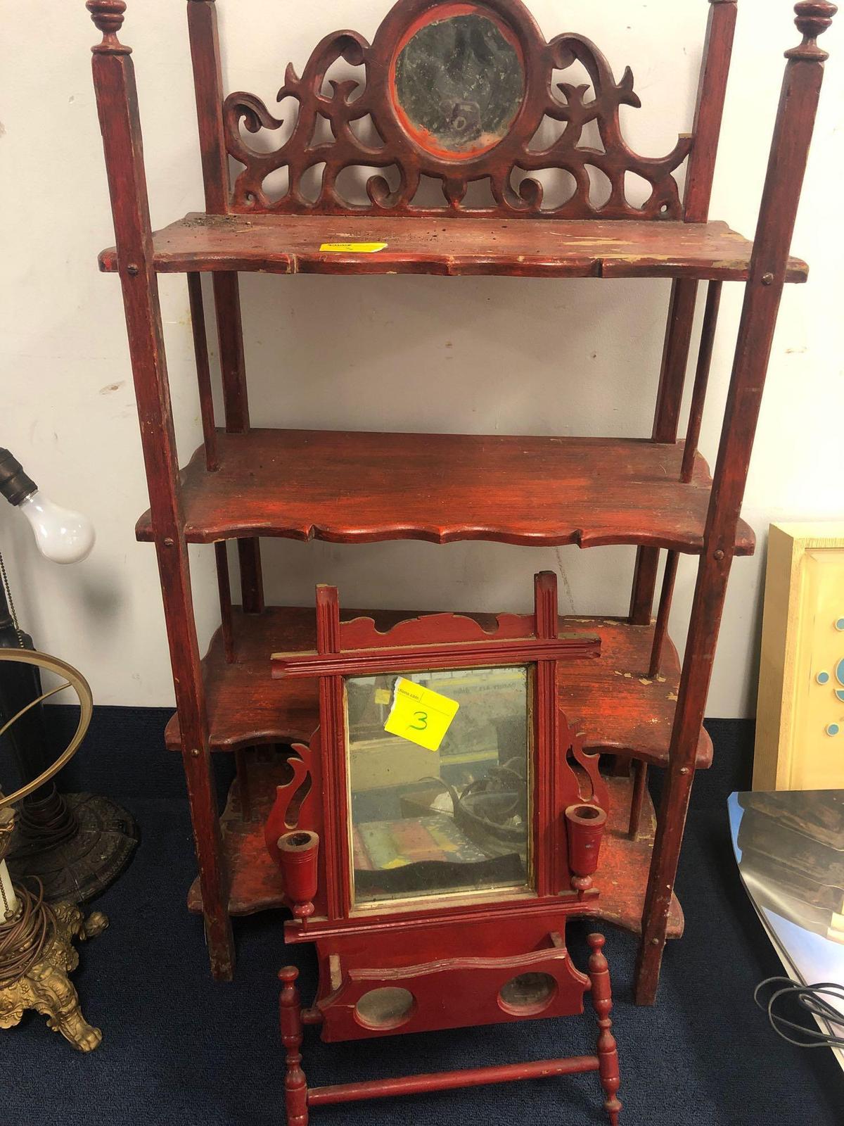 Wooden shelf and wall mirror, painted red