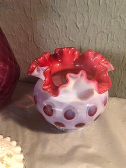 Fenton cranberry thumbprint opalescent vase, Fenton hand painted and signed Christmas fair