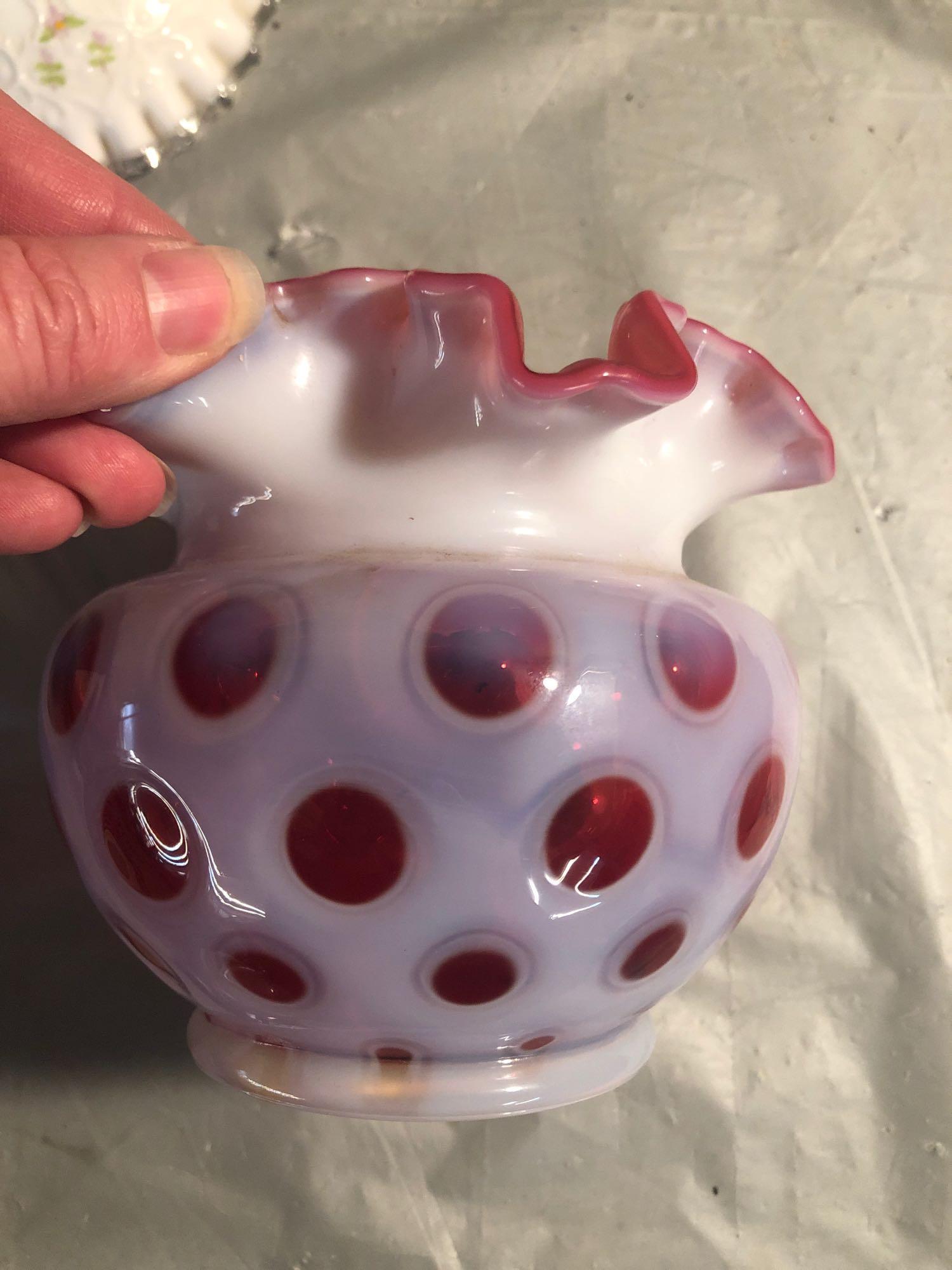 Fenton cranberry thumbprint opalescent vase, Fenton hand painted and signed Christmas fair